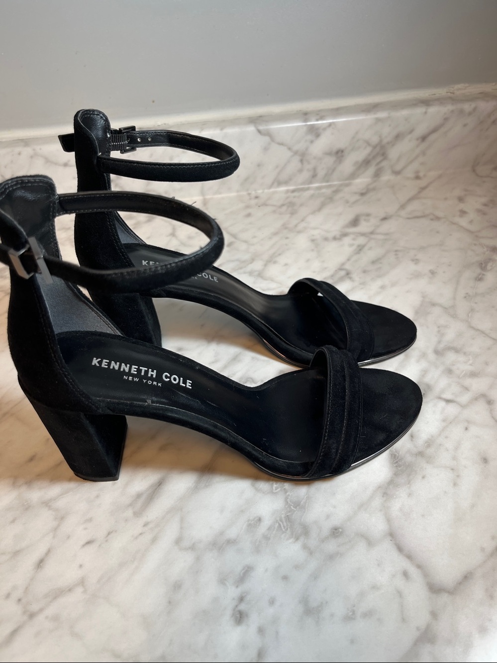 Kenneth Cole Black Suede Ankle-Strap Block Heels